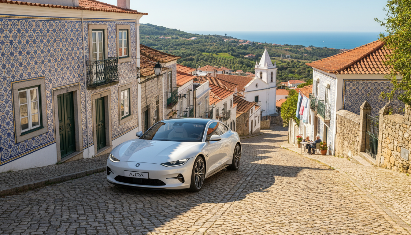 A modern white car parked in a scenic Portuguese village with traditional cobblestone streets and colorful azulejo-tiled houses in the background, bright sunny day.