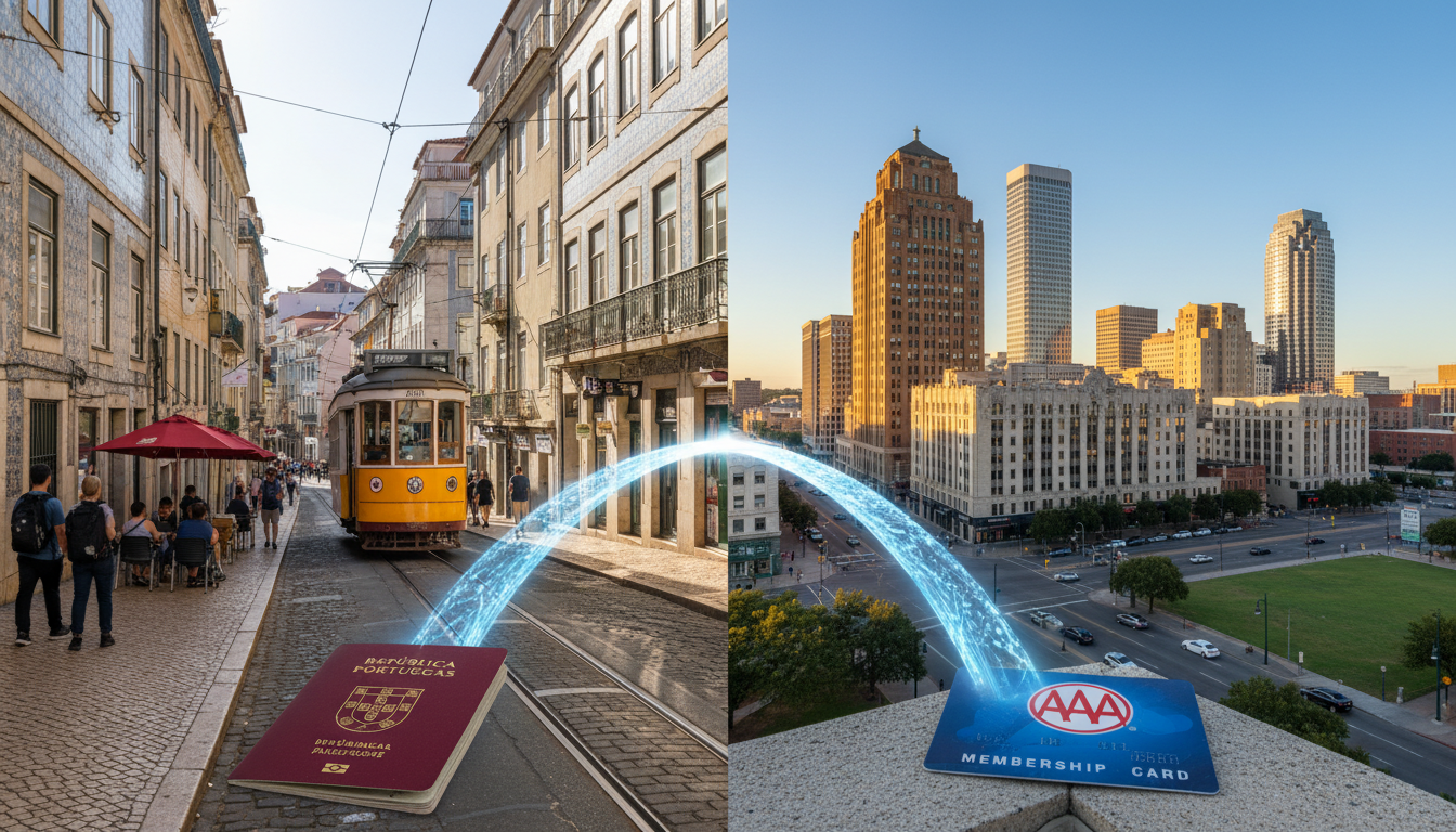 A professional split-screen composition. On the left, a traditional street in Lisbon with cobblestones and a yellow tram. On the right, the Art Deco skyline of Tulsa, Oklahoma, under a clear blue sky. In the center, a digital bridge connecting a Portuguese passport and a AAA membership card.