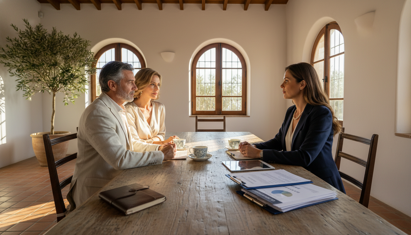 A professional financial advisor sitting across from an elegant couple in a Mediterranean-style home, reviewing life insurance documents on a wooden table with sunlight streaming through the window.