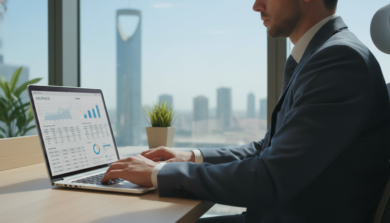 A professional person in Riyadh sitting in a modern office, using a sleek laptop to access a digital insurance dashboard showing graphs and policy details, with a blurred view of the Kingdom Centre through the window, photorealistic, 4k resolution.