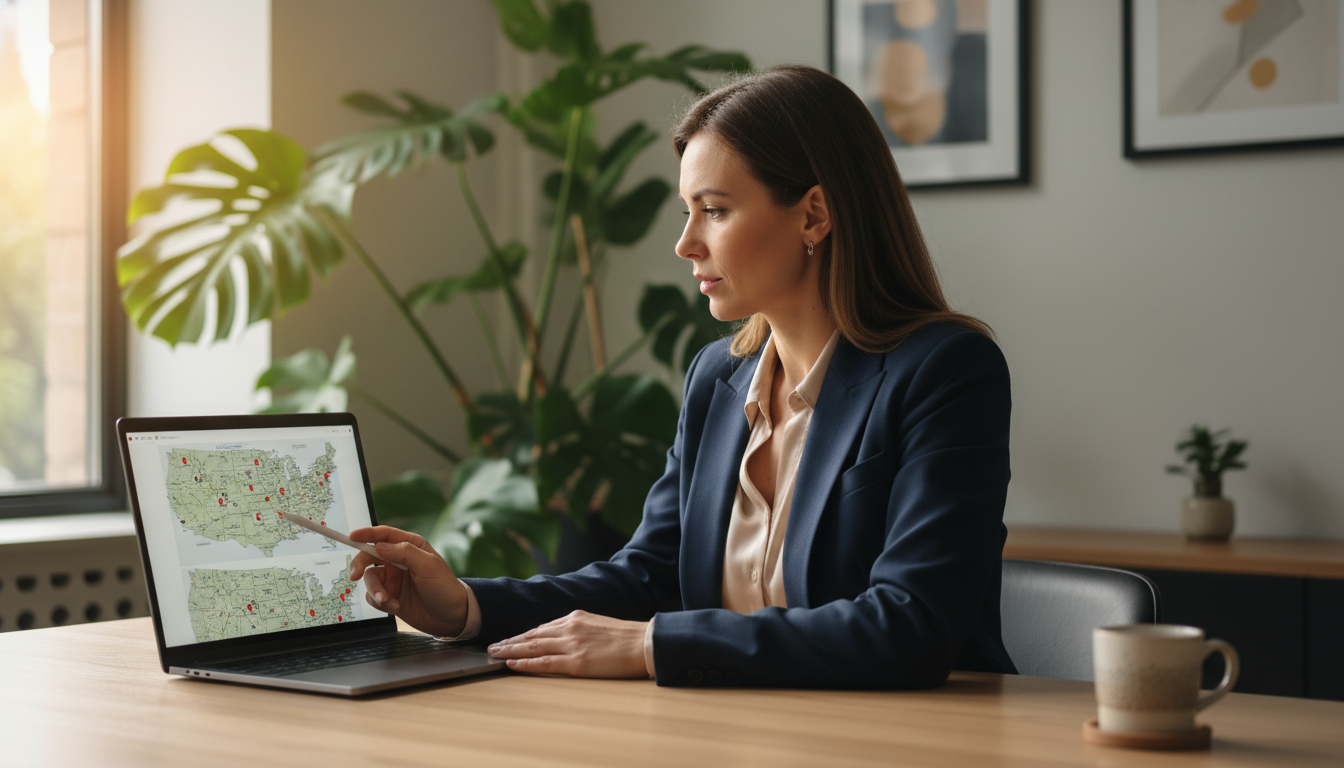 A professional insurance advisor sitting at a modern desk with a laptop, looking at a digital map of Romania and the United States, soft natural lighting, office plants in the background, highly detailed 4k resolution.