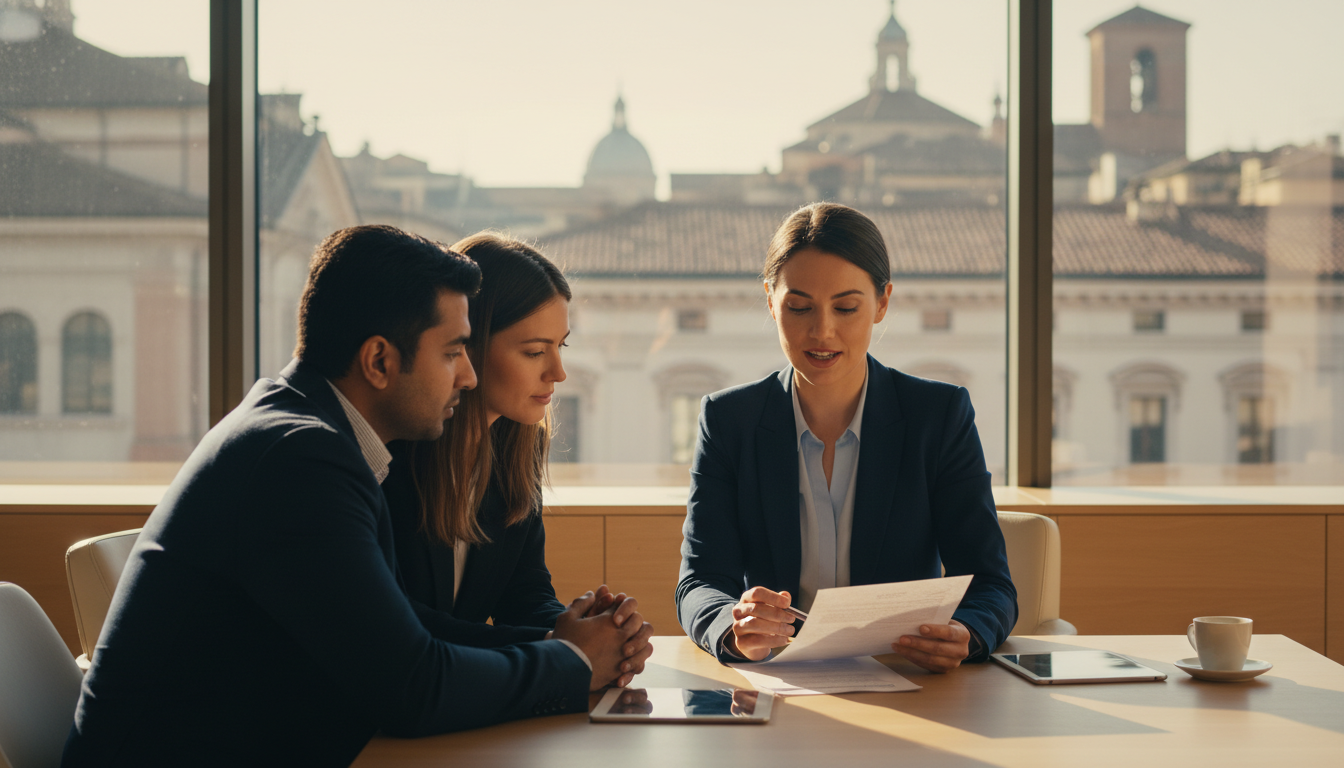 A professional insurance consultant sitting in a modern, sunlit office in Milan, reviewing a document with a diverse couple. The background shows a soft-focus view of Italian architecture through a large window, suggesting a blend of tradition and modern reliability. High-quality, warm lighting, 4k resolution.