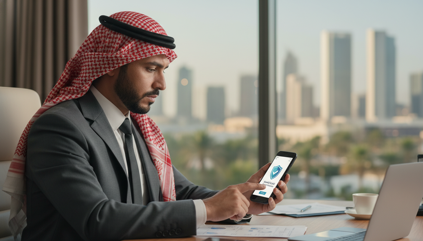 A professional Saudi man in a modern Riyadh office setting, looking thoughtfully at his smartphone with a digital insurance app open, high-quality corporate photography, soft daylight, blurred background of the city skyline.