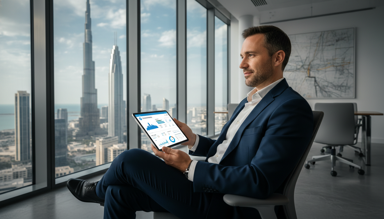 A professional entrepreneur sitting in a modern glass-walled office in Dubai with a view of the Burj Khalifa, holding a tablet showing a healthcare dashboard with a Boise, Idaho skyline icon in the background.