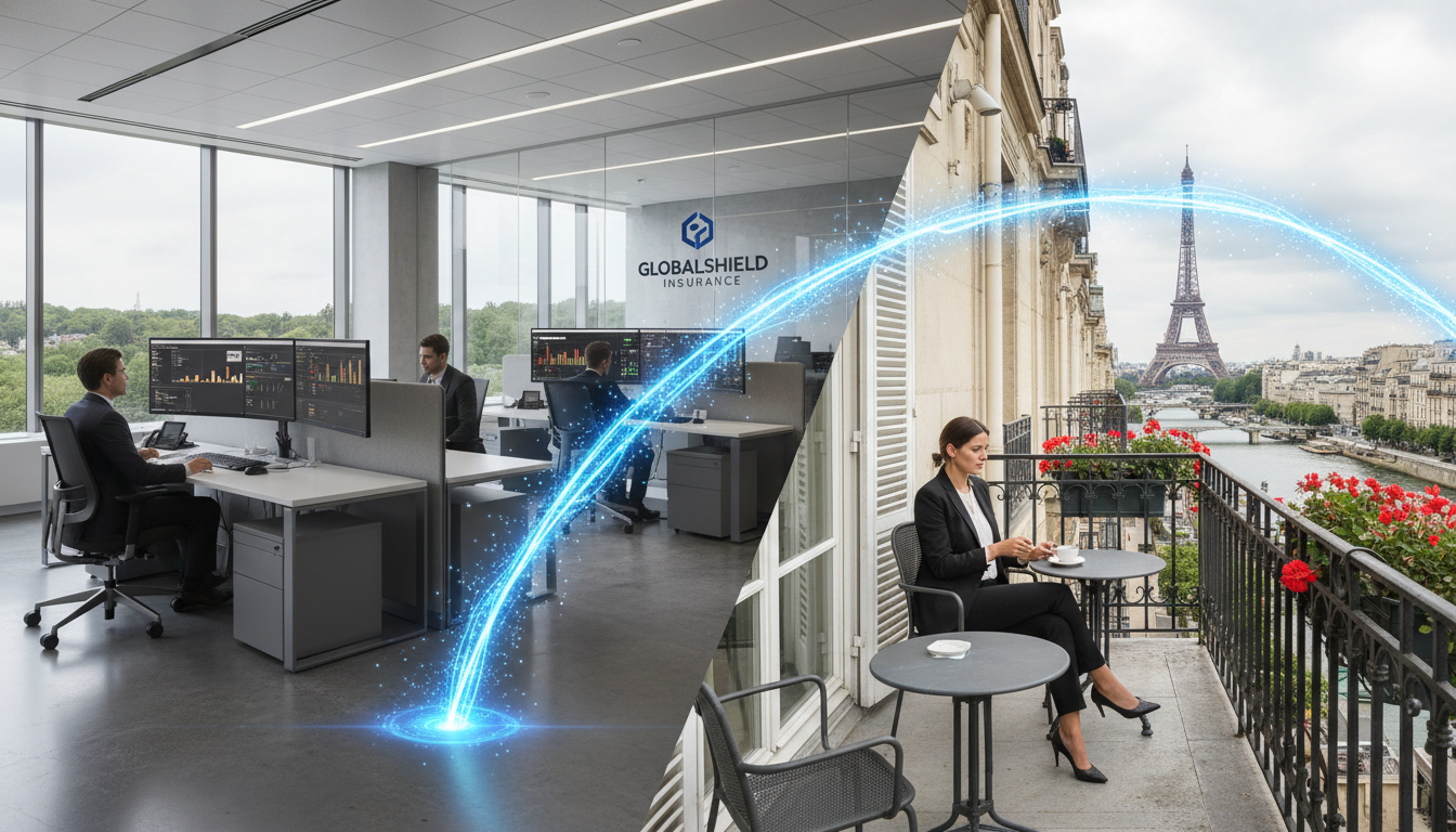 A professional and sleek split-screen conceptual image. On one side, a high-tech modern insurance office in Needham, Massachusetts, with agents working on dual monitors. On the other side, a view of a Parisian balcony overlooking the city. A glowing digital line connects the two locations, symbolizing seamless international insurance services and global connectivity.