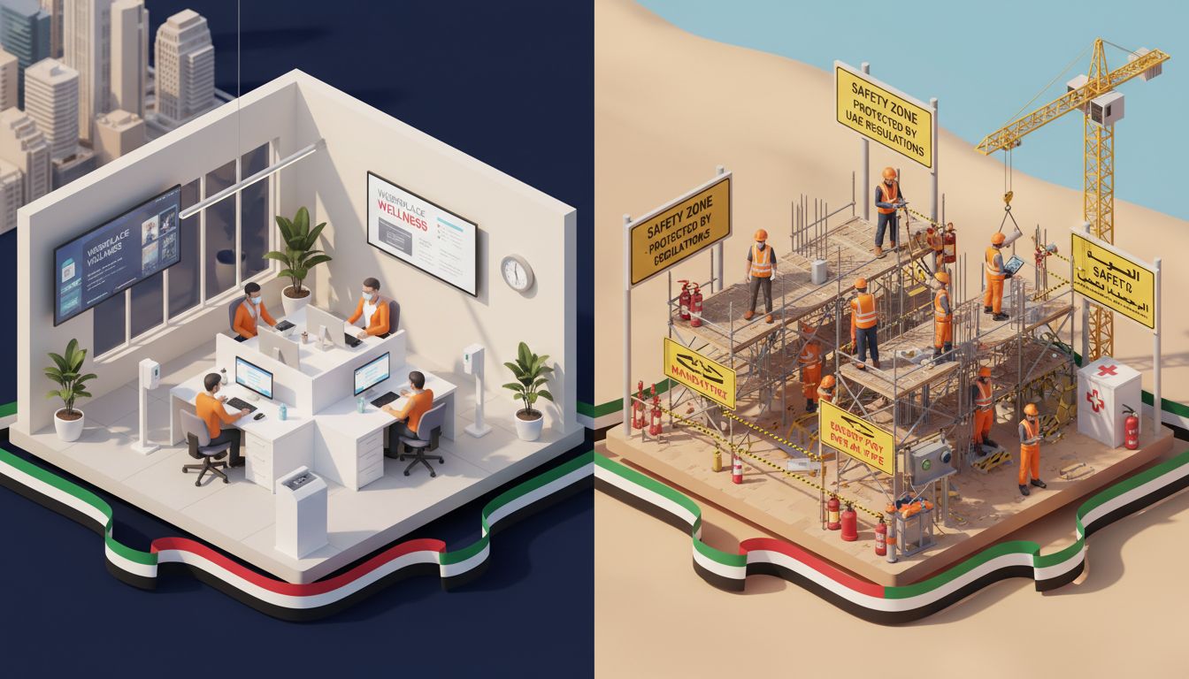 A professional 3D isometric illustration showing a safe office environment and a construction site with safety protocols, representing workplace protection in the UAE, cinematic lighting, ultra-detailed.