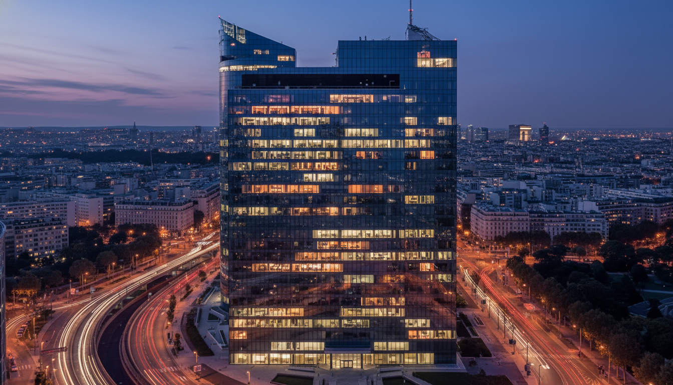 A high-angle view of a modern glass office building in the La Défense business district of Paris during the blue hour, with glowing interior lights and the silhouette of the city in the background, representing stability and French corporate power.
