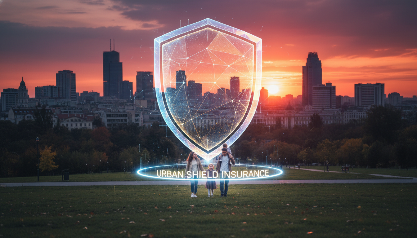 A wide-angle shot of the Bucharest skyline at sunset with a conceptual 3D holographic shield floating above a family walking in a park, symbolizing protection and insurance in a modern urban environment, high-quality photography style